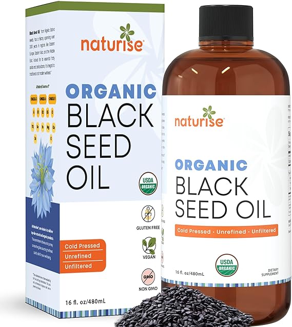 Organic Black Seed Oil - Organic Cold Pressed Black Cumin Seed Oil - Vegan Non-GMO Gluten Free Black Seed Oil Liquid (Nigella Sativa) Blackseed Oil for Hair & Skin, General Wellness (4 Fl Oz.)