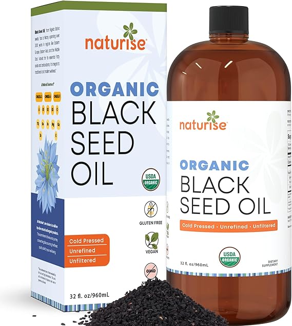 Organic Black Seed Oil - Organic Cold Pressed Black Cumin Seed Oil - Vegan Non-GMO Gluten Free Black Seed Oil Liquid (Nigella Sativa) Blackseed Oil for Hair & Skin, General Wellness (4 Fl Oz.)