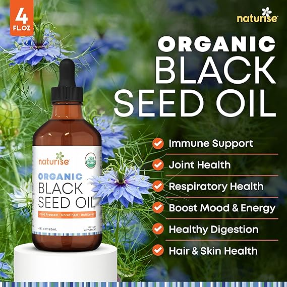 Organic Black Seed Oil - Organic Cold Pressed Black Cumin Seed Oil - Vegan Non-GMO Gluten Free Black Seed Oil Liquid (Nigella Sativa) Blackseed Oil for Hair & Skin, General Wellness (4 Fl Oz.)