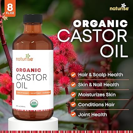 Organic Castor Oil - Organic Cold Pressed Unrefined in Glass Bottle - Vegan Non GMO Unfiltered Castor Oil Cold Pressed - Support for Eyelash, Eyebrows, Hair Growth, Skin and Face (4 fl. oz.)