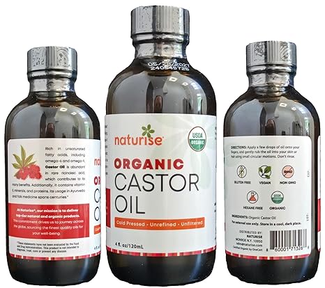 Organic Castor Oil - Organic Cold Pressed Unrefined in Glass Bottle - Vegan Non GMO Unfiltered Castor Oil Cold Pressed - Support for Eyelash, Eyebrows, Hair Growth, Skin and Face (4 fl. oz.)