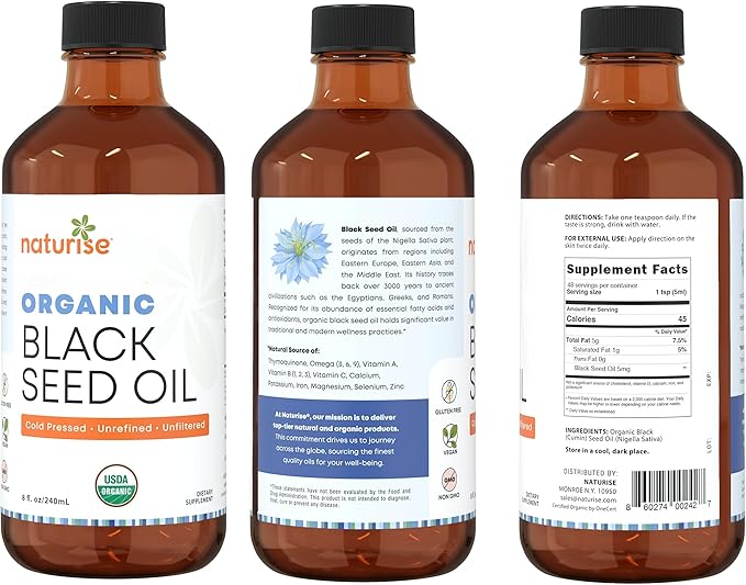 Organic Black Seed Oil - Organic Cold Pressed Black Cumin Seed Oil - Vegan Non-GMO Gluten Free Black Seed Oil Liquid (Nigella Sativa) Blackseed Oil for Hair & Skin, General Wellness (4 Fl Oz.)