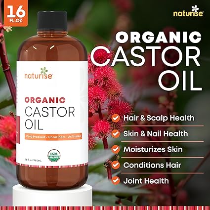 Organic Castor Oil - Organic Cold Pressed Unrefined in Glass Bottle - Vegan Non GMO Unfiltered Castor Oil Cold Pressed - Support for Eyelash, Eyebrows, Hair Growth, Skin and Face (4 fl. oz.)