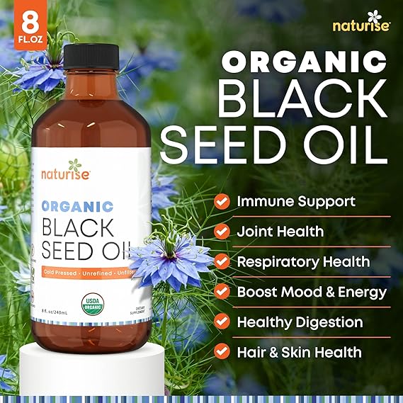 Organic Black Seed Oil - Organic Cold Pressed Black Cumin Seed Oil - Vegan Non-GMO Gluten Free Black Seed Oil Liquid (Nigella Sativa) Blackseed Oil for Hair & Skin, General Wellness (4 Fl Oz.)