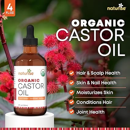 Organic Castor Oil - Organic Cold Pressed Unrefined in Glass Bottle - Vegan Non GMO Unfiltered Castor Oil Cold Pressed - Support for Eyelash, Eyebrows, Hair Growth, Skin and Face (4 fl. oz.)