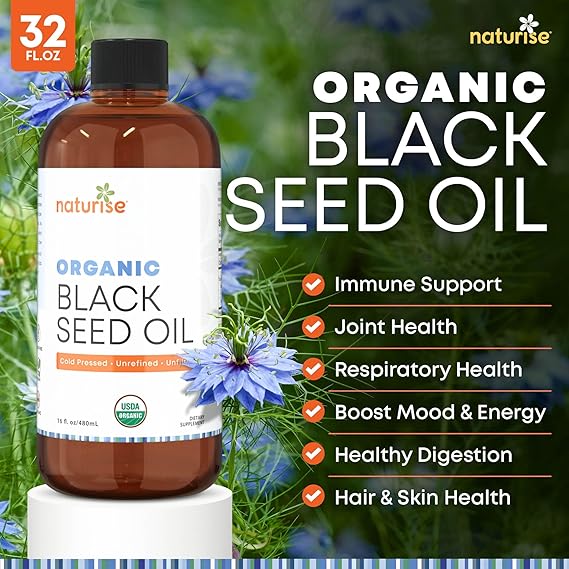 Organic Black Seed Oil - Organic Cold Pressed Black Cumin Seed Oil - Vegan Non-GMO Gluten Free Black Seed Oil Liquid (Nigella Sativa) Blackseed Oil for Hair & Skin, General Wellness (4 Fl Oz.)